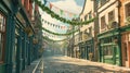 Empty city street decorated with garlands and traditional green orange flags for St. Patrick's Day carnival Royalty Free Stock Photo