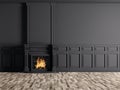 Empty classic interior of a room with fireplace over black wall