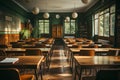 Empty Classroom. Back to school concept in high school. Classroom Interior Vintage, AI generate Royalty Free Stock Photo