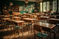 Empty Classroom. Back to school concept in high school. Classroom Interior Vintage, AI generate Royalty Free Stock Photo