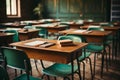 Empty Classroom. Back to school concept in high school. Classroom Interior Vintage, AI generate Royalty Free Stock Photo