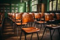 Empty Classroom. Back to school concept in high school. Classroom Interior Vintage, AI generate Royalty Free Stock Photo