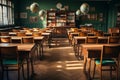 Empty Classroom. Back to school concept in high school. Classroom Interior Vintage, AI generate Royalty Free Stock Photo