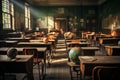 Empty Classroom. Back to school concept in high school. Classroom Interior Vintage, AI generate Royalty Free Stock Photo