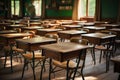 Empty Classroom. Back to school concept in high school. Classroom Interior Vintage, AI generate Royalty Free Stock Photo