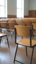 Empty classroom chairs await students in a brightly lit, modern learning environment Royalty Free Stock Photo