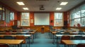 Empty classroom with chairs, desks and whiteboard Royalty Free Stock Photo