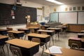 empty classroom with chalkboard, books, and writing utensils ready for the next class