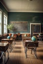 empty classroom with chalkboard and wooden desks Royalty Free Stock Photo