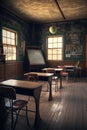 empty classroom with chalkboard and wooden desks Royalty Free Stock Photo