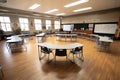 empty classroom with desks arranged in a circle for collaborative learning