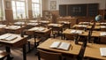 Empty Classroom with Desks, Blackboard, and Globe Royalty Free Stock Photo