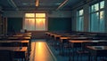 Empty classroom with desks and chairs bathed in warm sunset light from window. Forest trees outside create serene atmosphere. Royalty Free Stock Photo
