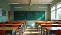 Empty classroom with desks, chairs. Blackboard stands at end of room. Sunlight streams through windows. School ready for students Royalty Free Stock Photo