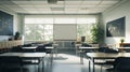 Empty Classroom With Desks and Chairs. Generative AI