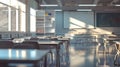 Empty Classroom With Desks and Chairs. Generative AI