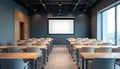 Empty classroom with desks. Chairs stand in rows for students. Whiteboard set on wall. Room ready for training, teaching meeting. Royalty Free Stock Photo
