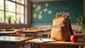 Empty classroom with desks, chalkboard, and backpack filled with colored pencils. A red apple sits on a desk next to an open Royalty Free Stock Photo