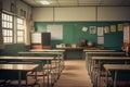 Empty Classroom With Desks and Chalkboard, A Quiet Learning Space for Students, School classroom with school desks and a