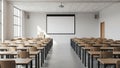 Empty classroom with desks and projector screen for education Royalty Free Stock Photo