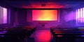 Empty Classroom Dramatic Lighting Pink Purple Gradient Screen Desks Room Interior Design art hall Royalty Free Stock Photo