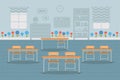 Empty classroom interior design flat illustration isolated on blue background Royalty Free Stock Photo