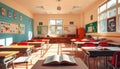 Empty Classroom Interior with Desks, Books, Chairs and Posters, Sunlight Royalty Free Stock Photo