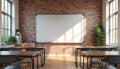 Empty classroom interior features whiteboard on brick wall, wooden desks, chairs. Natural sunlight streams through large windows Royalty Free Stock Photo