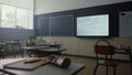 Empty classroom interior. School room with modern projector screen on wall Royalty Free Stock Photo