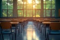 Empty classroom interior. Sunlight streams through large windows. Rows of desks, chairs visible but no students. Empty classroom Royalty Free Stock Photo