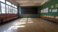 Empty classroom interior, sunlight streams through windows, aged school setting Royalty Free Stock Photo