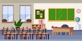 Empty classroom interior, vector flat illustration. School furniture and design elements. Back to school background