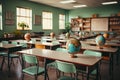 An empty classroom interior vintage with many desks and bookshelves created. Studying lessons in secondary education.