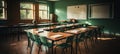 An empty classroom interior vintage with many desks and bookshelves created. Studying lessons in secondary education.