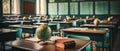 An empty classroom interior vintage with many desks and bookshelves created. Studying lessons in secondary education.