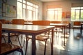 Empty classroom interior with wooden desks and chairs Royalty Free Stock Photo