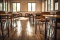 Empty classroom interior with wooden desks and chairs Royalty Free Stock Photo