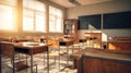 Empty classroom interior with wooden desks and chairs, illuminated by bright sun flare from windows. Royalty Free Stock Photo