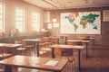 Empty classroom interior with wooden desks and chairs, maps and white board Royalty Free Stock Photo