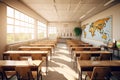 Empty classroom interior with wooden desks and chairs, maps and white board Royalty Free Stock Photo
