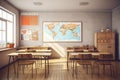 Empty classroom interior with wooden desks and chairs, maps and white board Royalty Free Stock Photo