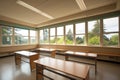 empty classroom with large windows, natural light streaming in