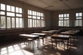 empty classroom with large windows, natural light streaming in