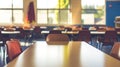 An empty classroom with many tables and chairs Royalty Free Stock Photo