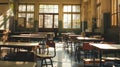 An empty classroom with many tables and chairs Royalty Free Stock Photo