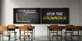 Empty classroom with message FLATTEN THE CURVE, STOP THE CORONAVIRUS - 3D rendered illustration