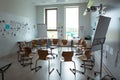 Empty classroom. Modern classroom. Convenient audience for classes. Chairs stand in a circle Royalty Free Stock Photo