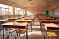 Middle shot image of school hollow long classroom, back to school concept. Generative ai Royalty Free Stock Photo