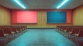 Empty classroom with a red and blue board, neat rows of chairs, wood-paneled walls Royalty Free Stock Photo