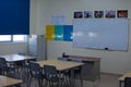 Empty classroom in a school or college closed during COVID-19 Coronavirus. No one in the room for education or learning
